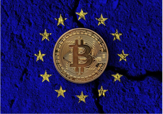 Bitcoin coin surrounded by European Union stars on a blue background